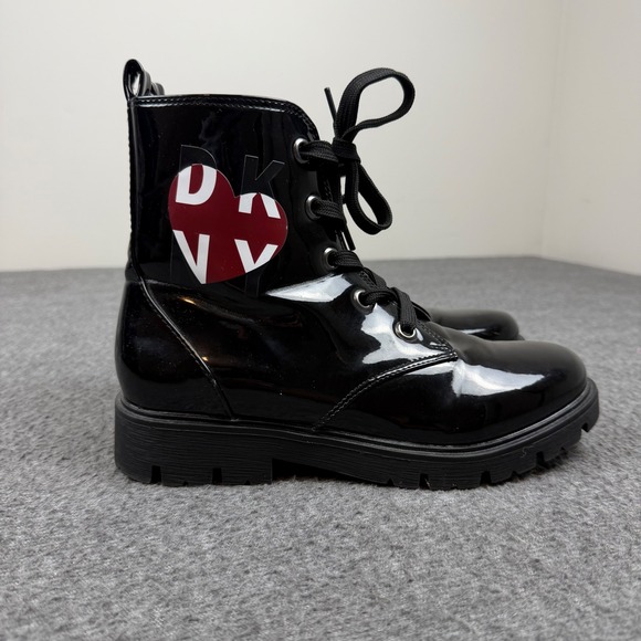 Dkny Other - DKNY Combat Boots Girls Size 5 Black Patent Heart Logo DKN008 Lace Up Zip